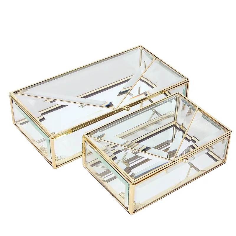 Caja de almacenamiento de cosméticos de lujo europeo, caja de decoración de baratija, cristal transparente, joyería, con marco de latón