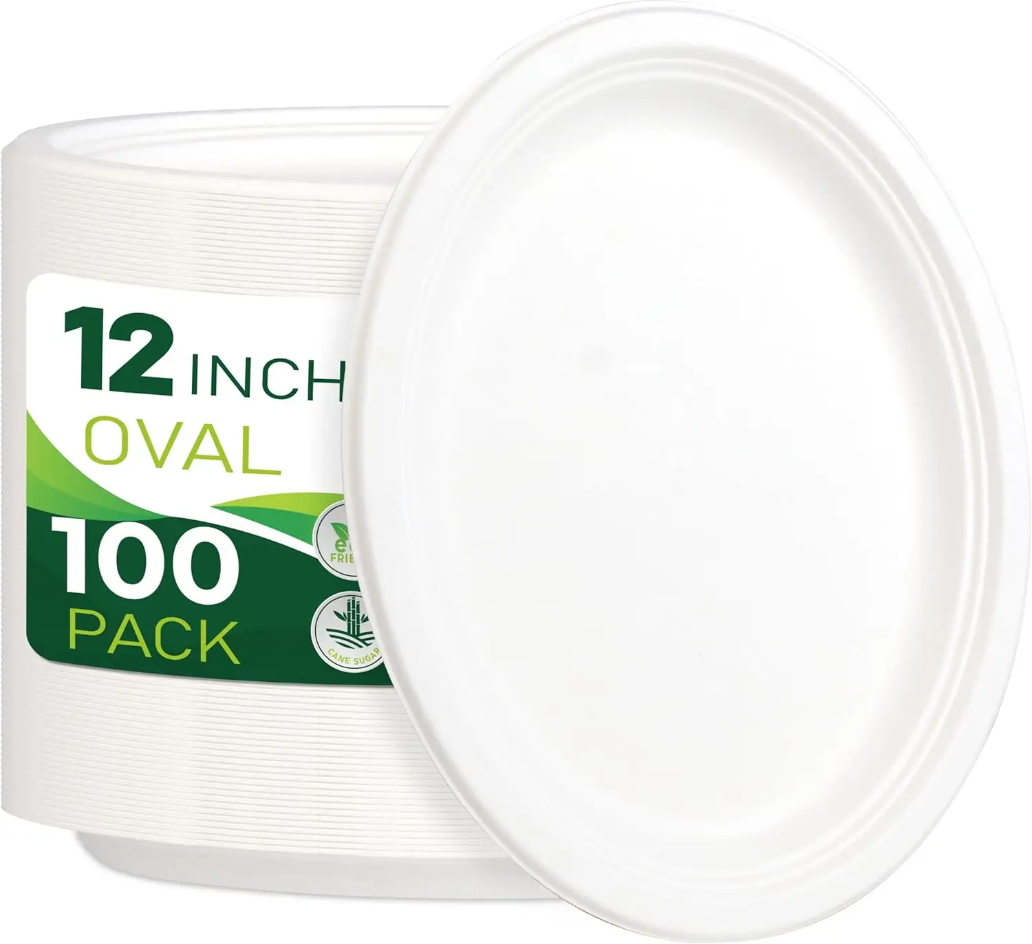 100% compostable 12 inch hình bầu dục màu trắng giấy tấm mía thực phẩm container cấp thực phẩm giấy tấm cho thực phẩm