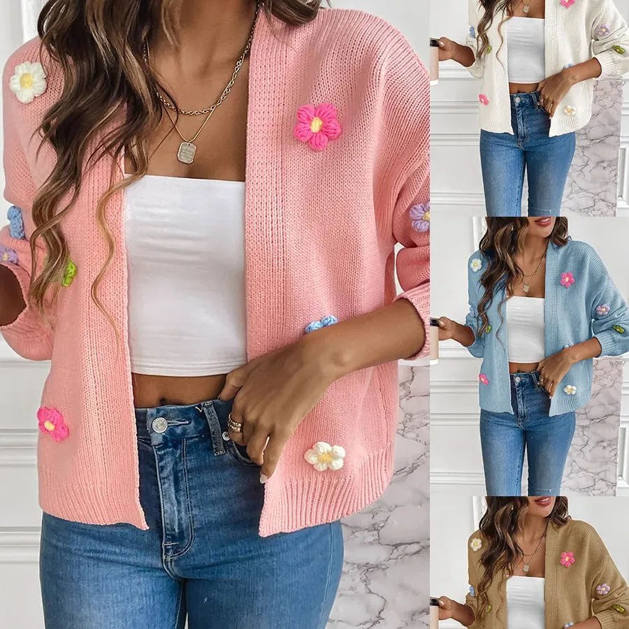 Wholesale customized new hand hook flower sweet knitted cardigan sweater jacket women's lazy casual loose sweater