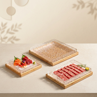Assiette à sashimi carrée en acrylique personnalisée en gros, texture glacée, plateau individuel pour sushi avec base en bois