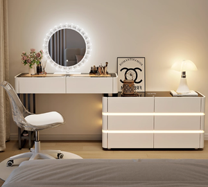 Coiffeuse moderne avec dessus en verre Coiffeuse Tables de courtoisie de rangement de <span class=keywords><strong>grande</strong></span> <span class=keywords><strong>capacité</strong></span> Miroir LED - Product Image 3