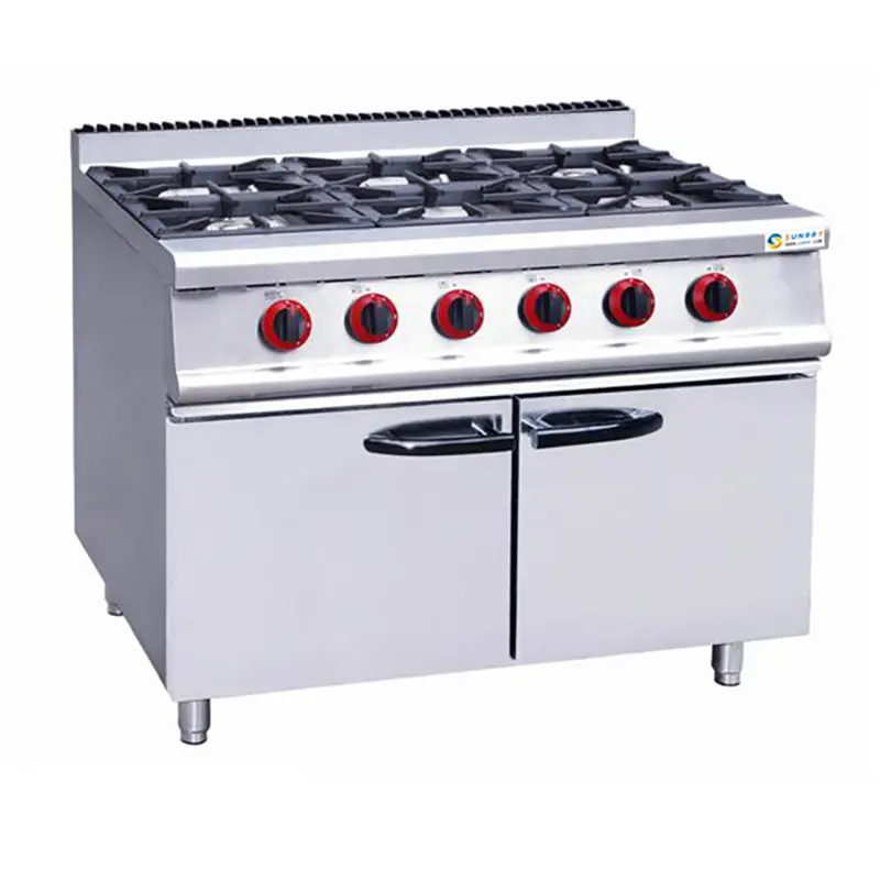 Hotel Restaurant Kitchen Cooking Equipment Floor Typr Stainless Steel Natural Gas 6 Burner with Cabinet for Sale