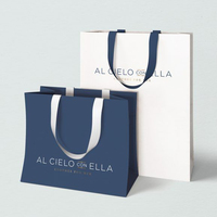 Logo de marque personnalisé luxe marine papier vêtements emballage cadeau sac à provisions Paperbag avec poignée en ruban