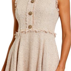 Robe Tunique d'Été de Haute Qualité à Col Rabattu, Mini-Robe Élégante de Bureau, Robe Tweed Évasée d'Automne pour Femme, Coupe Empire à Carreaux - Product Image 3