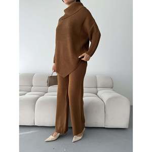 Ensemble décontracté en tricot à imprimé écossais, col à nœud, tissu en molleton brodé, style plissé à boutons, longueur cheville, streetwear pour le printemps - Product Image 2