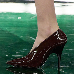 Custom Colors Women Pointed Toe Solid Shoes High Thin Heels Patent Sandals Dress Stiletto Wide Feet V-Shaped Cut <b>Pumps</b> - Product Image 6