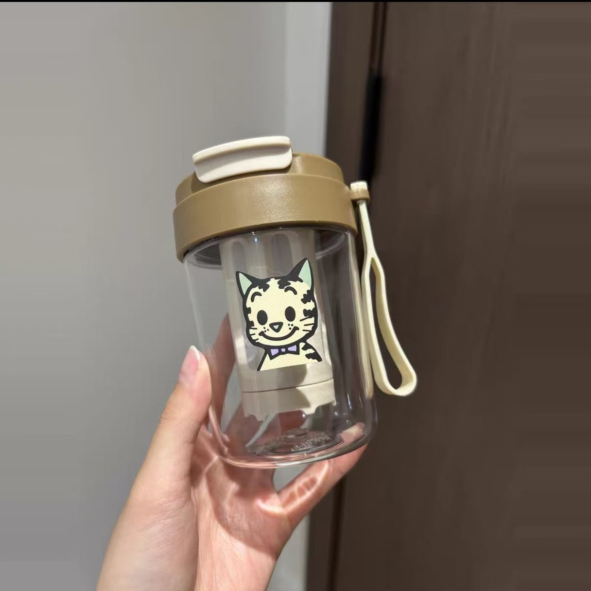 Double-drink cold brew mug [Small brown - with filter and cat sticker]