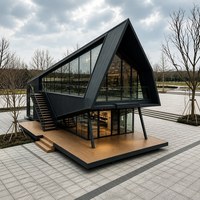 Maison modulaire contemporaine en conteneur avec structure en acier, grandes portes vitrées et plateforme sur le toit