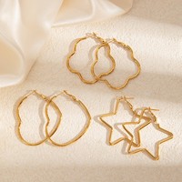 Lot de 3 paires de boucles d'oreilles créoles en acier inoxydable doré, hypoallergéniques, motifs géométriques étoile, cœur, losange, vague, grandes créoles circulaires