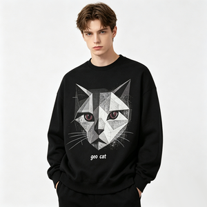 Sudadera de Manga Larga Kornit DTG con Estampado Geométrico de Cabeza de Gato y Texto <span class=keywords><strong>Geo</strong></span> Cat, Estilo Limpio, Minimalista, Holgado, Casual y Urbano - Product Image 2