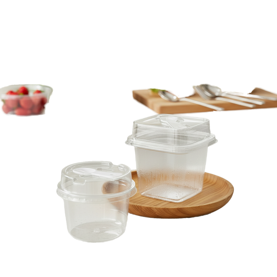 Rounder Square Shape 250ml Round 350ml Square Clear Dessert PET Plastic Cup with Spoons Lid ...