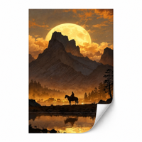 Impression sur toile polyester Giclée 60x90cm, Silhouette de cowboy et lune dorée, Affiche murale moderne non tendue pour décoration de salon
