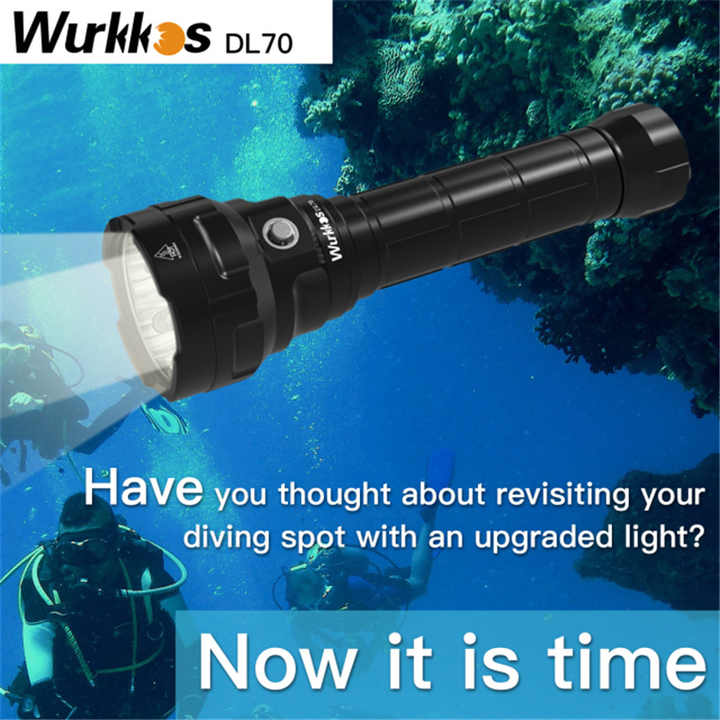 WurkkosDL70ハンドヘルドハイパワーIPX-8防水ダイビング懐中電灯ダイブ 