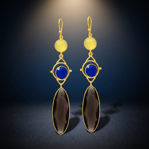 Nouvelles boucles d'oreilles pendantes ethniques en quartz doré et saphir hydro gemme, plaquées argent et or, pour anniversaire et soirée - Product Image 2