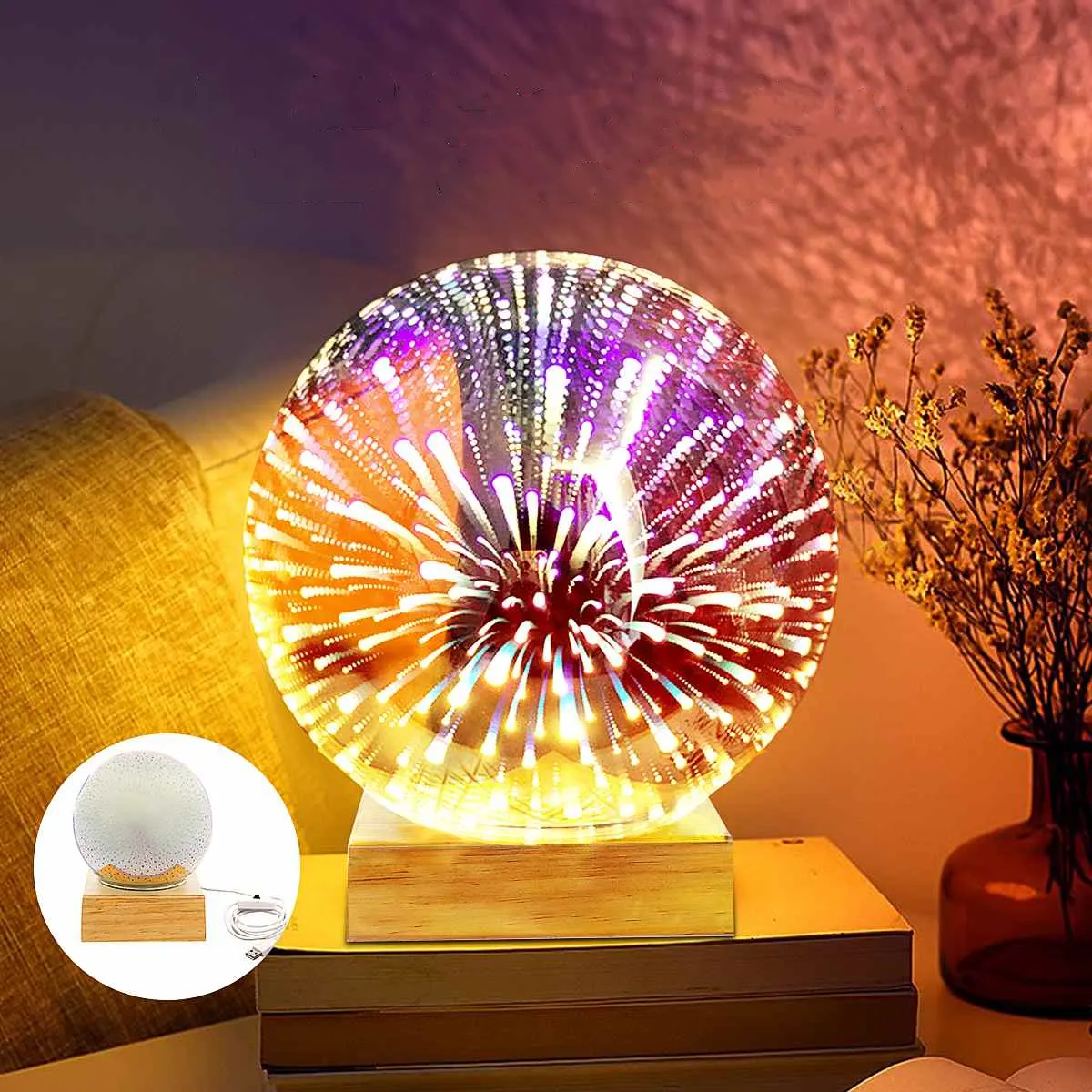 โคมไฟตั้งโต๊ะพลาสม่า,ลูกบอลสีสันสดใสไฟกลางคืนคริสตัล LED USB 3D คริสตัล USB ทรงกลม