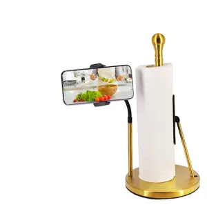 Toallero de papel de cocina dorado de lujo con soporte para teléfono móvil y estante dispensador de pañuelos de Base ponderada antideslizante para el hogar