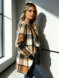Women Plus Size Vintage Plaid Print Collar <b>Cardigan</b> Casual Standard Open Front Coat for Autumn Daily Outfit - Product Image 2