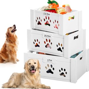 Boîte de rangement en bois blanc pour jouets d'animaux avec poignées, bacs empilables, étui à découpe en forme d'os de chien - Product Image 1