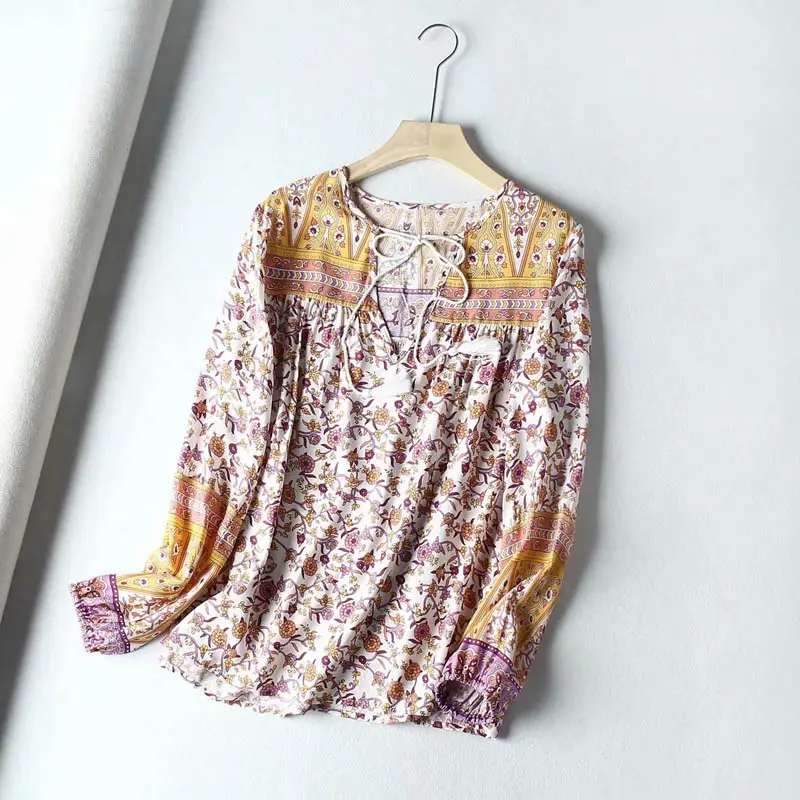 cs937 New Women's Long Sleeve Print BOHO Rayon Blouse Vintage Summer Bohemian Blouses Shirts Tops Clothing