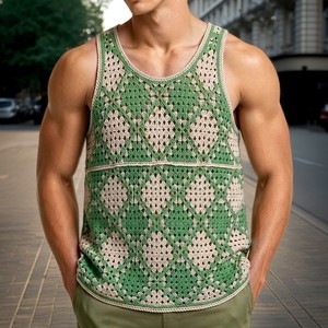 <span class=keywords><strong>Camiseta</strong></span> sin mangas de punto para <span class=keywords><strong>hombre</strong></span> con patrón a cuadros verde estilo casual urbano, chaleco de punto calado sin mangas de alta calidad para <span class=keywords><strong>hombre</strong></span> - Product Image 4