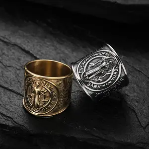 New Design Punk Style Vintage Men's Wide Band Rings Stainless Steel Christian Saint Benedict Ring