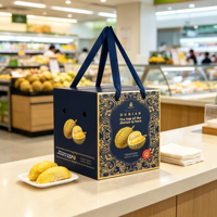 Boîte alimentaire en carton premium pour durian, design or marine, avec poignée, pour présentation de fruits frais et de serviettes, vente en gros
