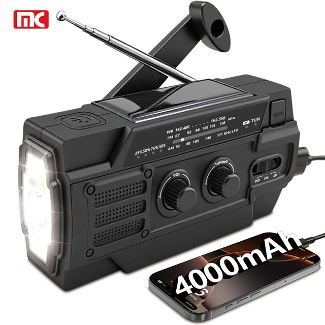 Outdoor Solar Hand Crank Dynamo Flashlight Emergency Weather Radio NOAA Weather Band 4000mAh Battery Emergency Radio