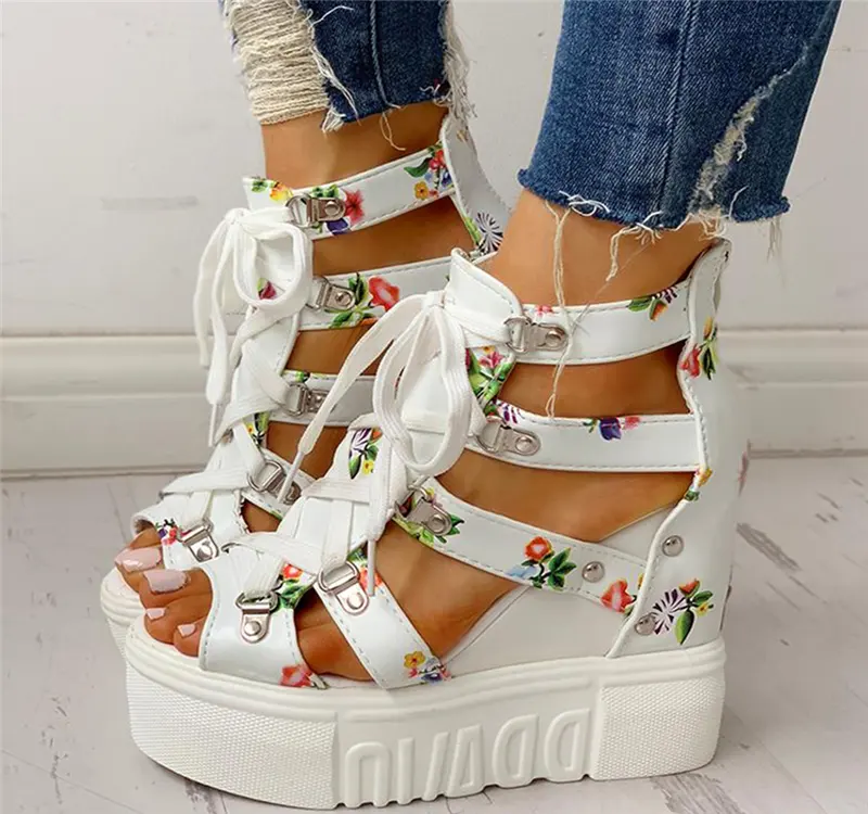 Hot Print Leisure Wedges women's Shoes 2020 Summer Shoes women Sandals Platform Shoelaces High Heels Casual Shoes Woman