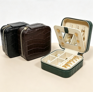 Boîte à bijoux de voyage en cuir PU texturé gaufré, étui à bijoux portable avec fermeture éclair et miroir pour bagues et boucles d'oreilles - Product Image 4