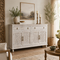 Grand buffet en bois sculpté à la main - Buffet à 4 portes blanchi à la chaux - Console multimédia style bohème chic - Meuble de rangement orné de motifs floraux