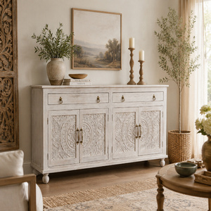 Large Hand-Carved Wooden <b>Sideboard</b> - Whitewashed 4-Door Buffet Cabinet - Boho Chic Media Console - Ornate Floral Credenza - Product Image 1