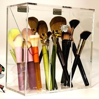 Boîte de rangement pour pinceaux de maquillage en acrylique tendance, autoportante, pré-assemblée, portable, hautement transparente, anti-poussière
