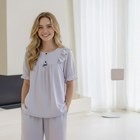 French Style Sweet Women Pajamas <strong>Set</strong> Summer <strong>Short</strong> Sleeve <strong>Top</strong> and Cropped Pants <strong>2</strong>-<strong>Piece</strong> Woven Texture Breathable Loungewear