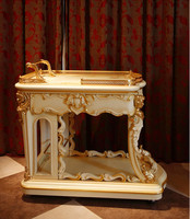 Buffet de style rococo français de luxe avec feuille d'or, ange, table de buffet / Armoire de salle à manger royale classique en bois sculpté et peint à la main