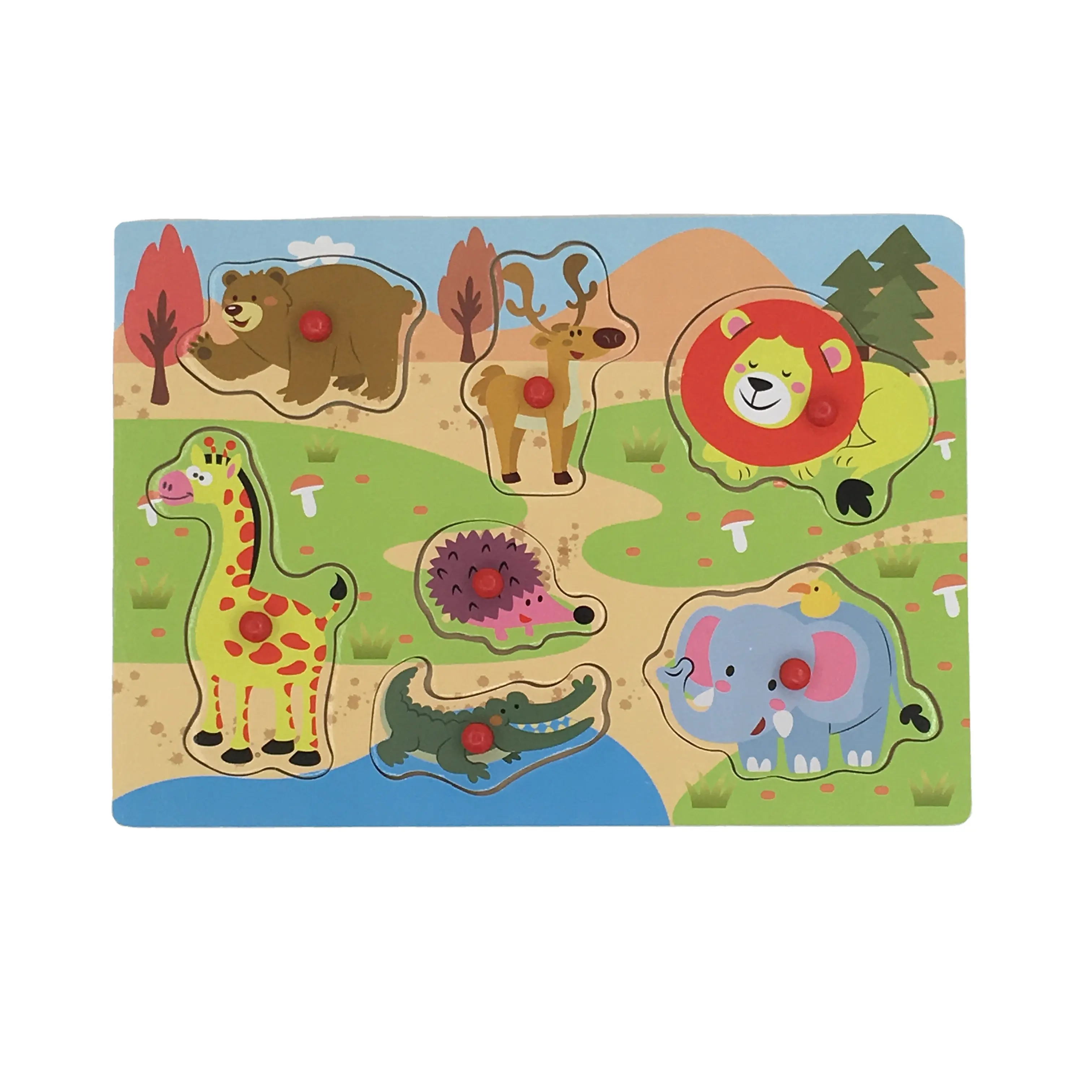 Preschool Toy Educational wooden Safari Puzzle With Plastic Knob For Kids