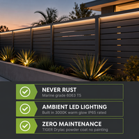 Clôture de jardin moderne en aluminium à persiennes, 1,8 m de haut, crée une ambiance lumineuse et chaleureuse pour les patios contemporains, durable et antirouille