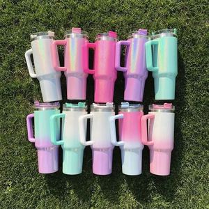 40oz Shimmer Sublimation with Plastic Straw Car Stainless Steel Insulated Cup with Handle - Product Image 2