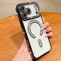 Coque de téléphone transparente premium avec dos transparent pour iPhone 18 17 16 Pro Max, étui magnétique en TPU à paillettes diamantées pour chargement sans fil