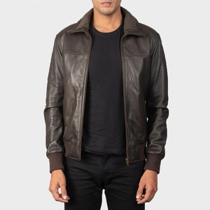 Men's Brown Genuine Leather Slim Jacket Stand Collar <b>Covered</b> <b>Button</b> Breathable Regular Fit Solid Color Autumn Style Moto Biker - Product Image 4