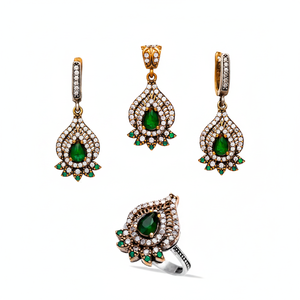 Water <b>Drop</b> <b>Emerald</b> Stone Authentic Design Set Wholesale Turkish Handcrafted Silver Set Trendy - Product Image 2