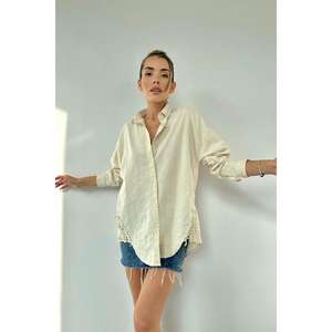 เสื้อเชิ้ตผ้าลินินผู้หญิงสีเบจลำลองใส่ได้ทุกวันระบายอากาศได้ดีแขนยาวทรงหลวม - Product Image 3