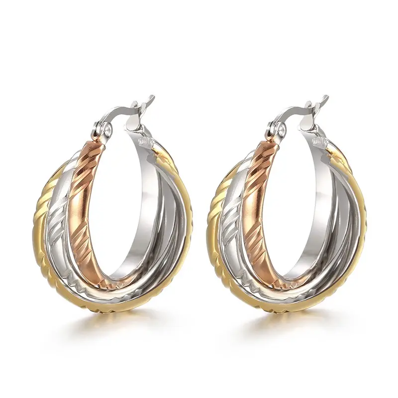 Top qualité lisse trois anneaux en acier inoxydable boucles d'oreilles grand cercle bijoux de mode pour les femmes couleur or boucles d'oreilles