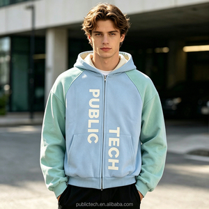 Sweat à capuche zippé pour homme, coupe ample et courte, style vintage, color blocking, effet délavé, grammage lourd, sérigraphie, personnalisable, qualité supérieure - Product Image 3