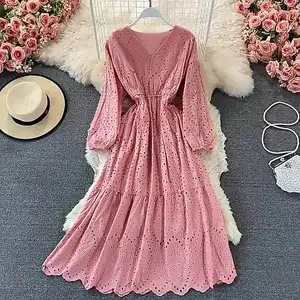 2023 Boho Custom Lace Luxury Hollow Out Vestidos Women Elegant Long Maxi Casual Crochet Linen Embroidered Paisley Dress