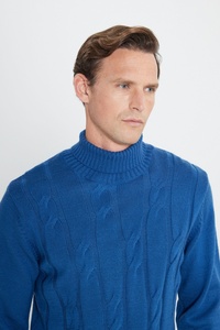 <strong>Men's</strong> <strong>Chunky</strong> <strong>Cable</strong> <strong>Knit</strong> Turtleneck Sweater 100% Wool Long Sleeve Pullover <strong>Jumper</strong> Royal Blue - Product Image 4