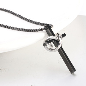 Stainless Steel <b>Cross</b> Pendant Necklace 18mm Double Ring Design For Women Daily Wear - Product Image 3