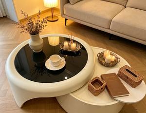 Modern Round <b>Resin</b> Coffee <b>Table</b> With Tempered Glass <b>Top</b> Nesting Design Minimalist Living Room Furniture - Product Image 4