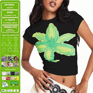T-Shirt Estiva Sexy Personalizzata Y2K per Ragazze Audaci, Verde con Stampa Floreale, Aderente, Manica Corta, Collo Tondo, in Cotone e Spandex - Product Image 1