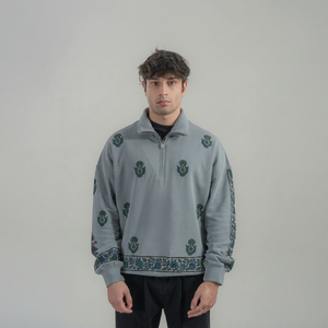 Sweat-shirt unisexe oversize à col zippé en molleton anti-boulochage, broderie florale faite main, en coton tricoté, décontracté, pour l'hiver, à capuche - Product Image 1