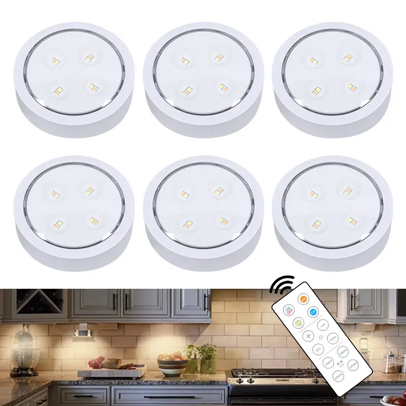 TAIKOO 6 Pack Tap on LED Wireless Under Puck Cabinet Lights Battery Powered Counter Lighting for Kitchen Bedroom Living Room